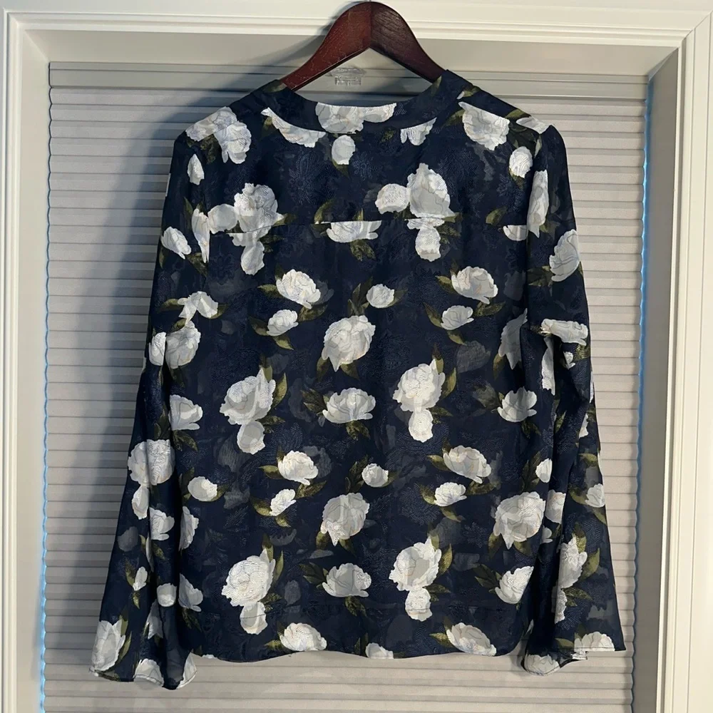 Dalia sheer navy and white magnolia print blouse - Picture 2 of 4